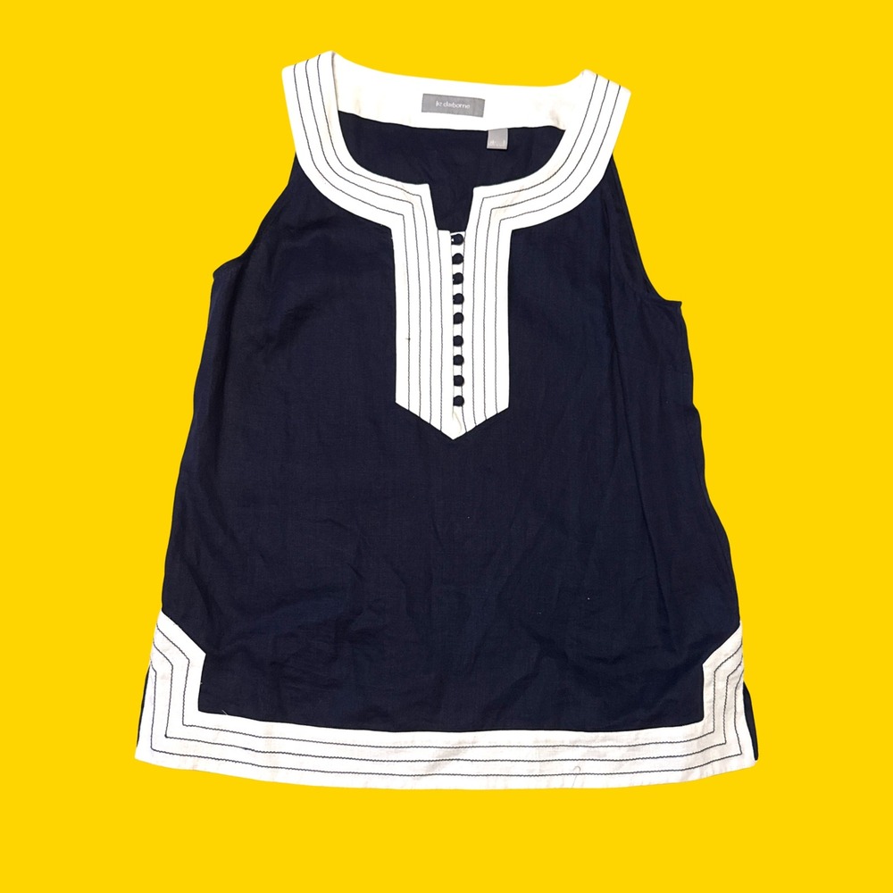 Liz Claiborne Womens Navy Blue White Contrast Trim Sleeveless Tunic Top Large